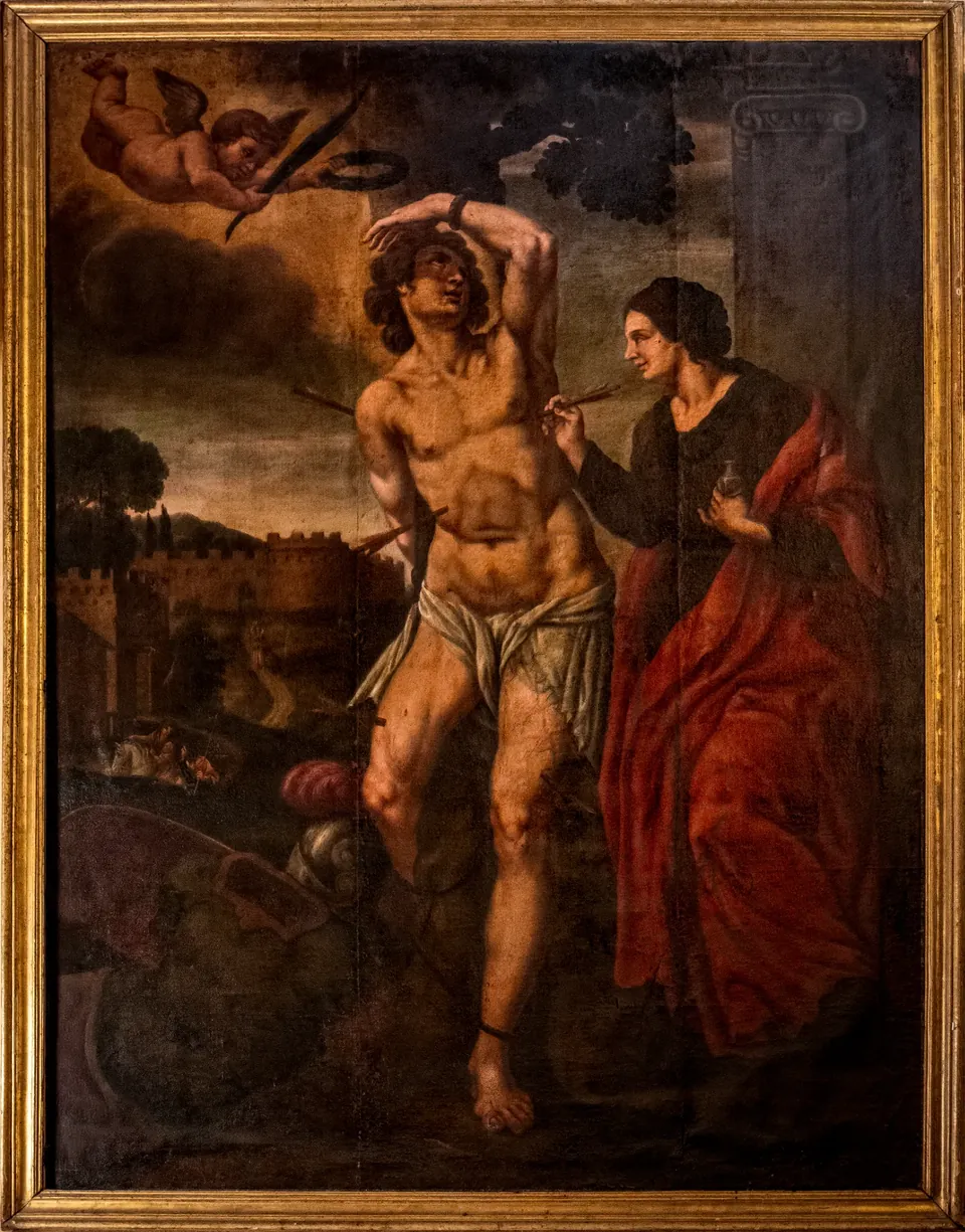 The complete framed painting, The Martyrdom of Saint Sebastian by Gerard Seghers